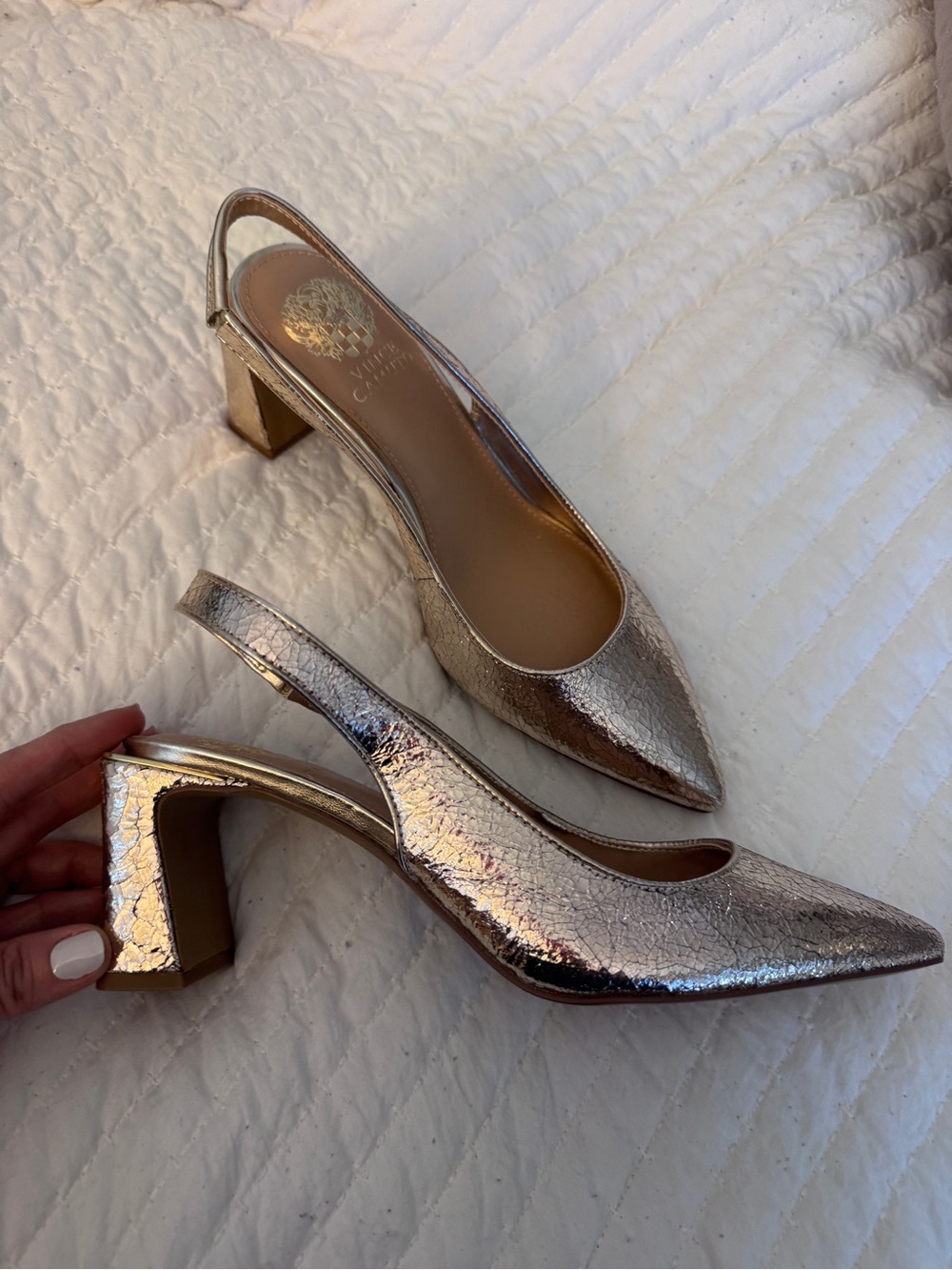 New- Gold Crinkle Metallic Slingback Block Heel Pumps